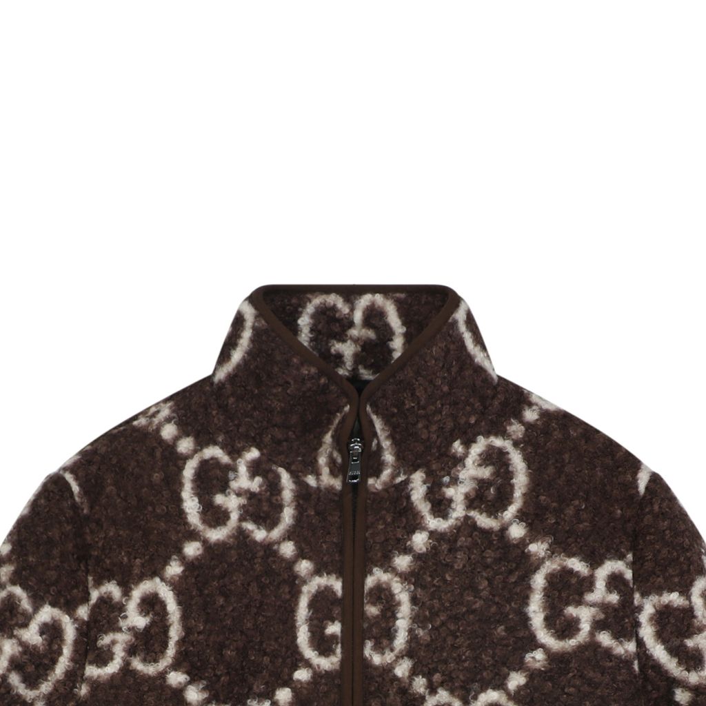 Gucci Double G monogram sherpa fleece jacket brown all over diamond GG jacquard plush high neck zip hidden pockets relaxed unisex outerwear sizes 48 50 52 54 56