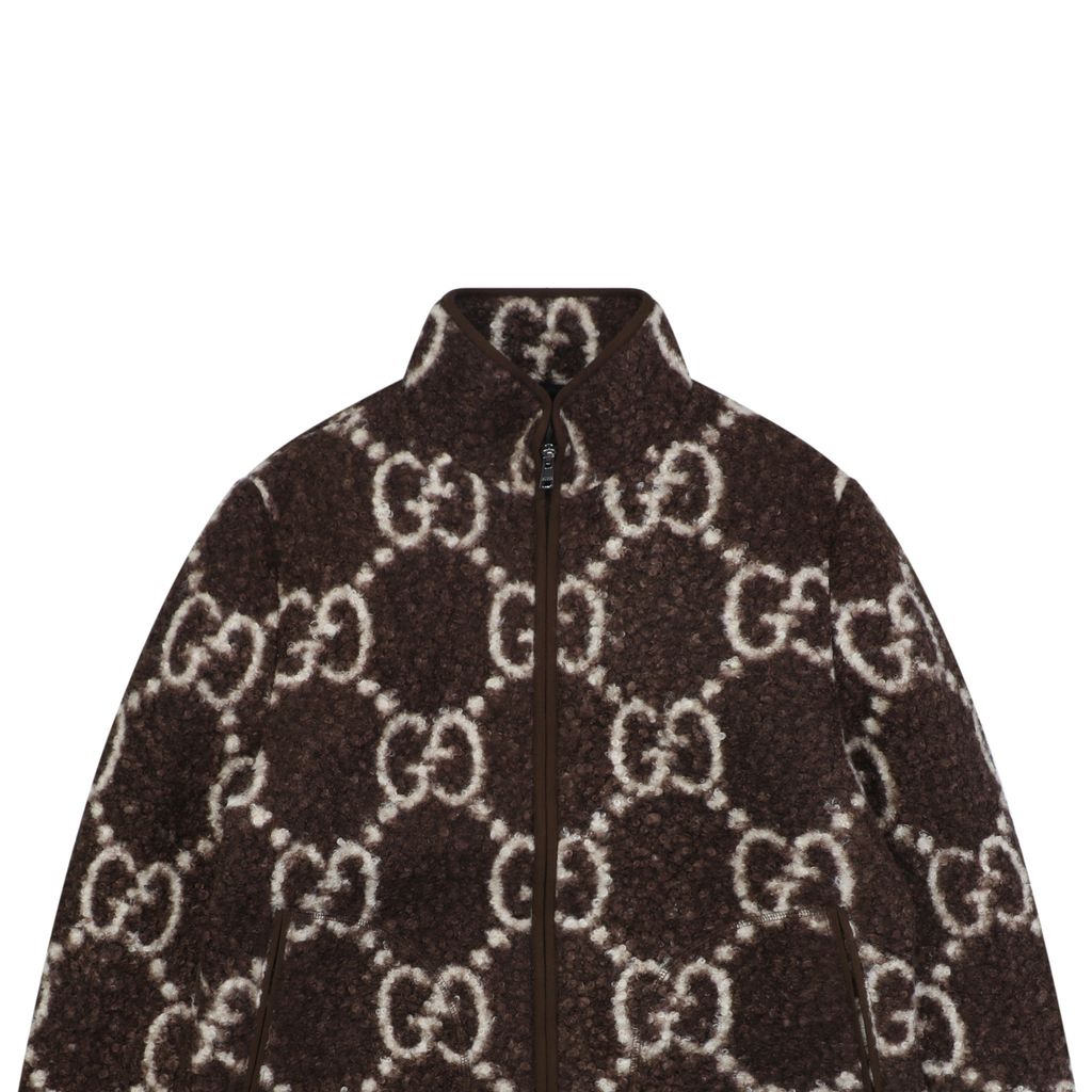 Gucci Double G monogram sherpa fleece jacket brown all over diamond GG jacquard plush high neck zip hidden pockets relaxed unisex outerwear sizes 48 50 52 54 56