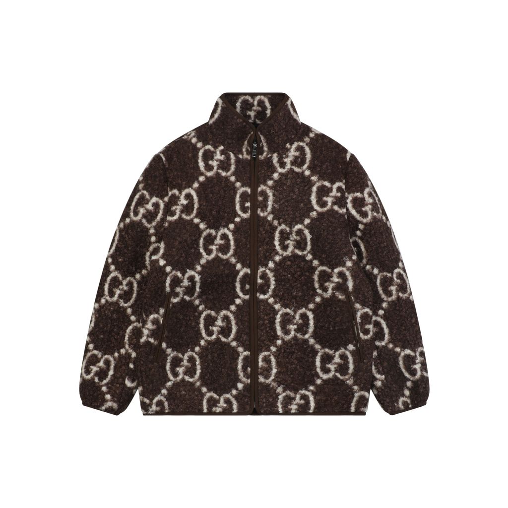 Gucci Double G monogram sherpa fleece jacket brown all over diamond GG jacquard plush high neck zip hidden pockets relaxed unisex outerwear sizes 48 50 52 54 56