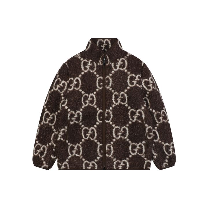 Gucci Double G monogram sherpa fleece jacket brown all over diamond GG jacquard plush high neck zip hidden pockets relaxed unisex outerwear sizes 48 50 52 54 56