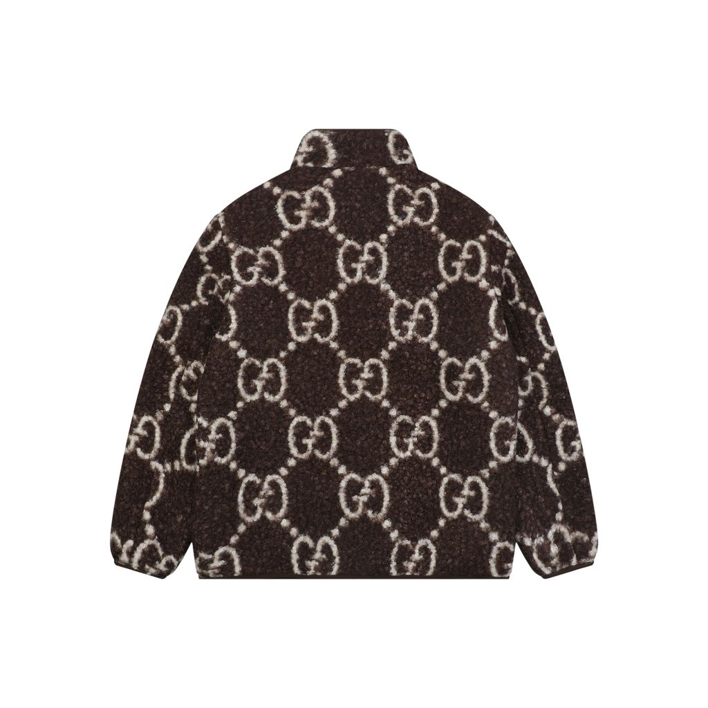 Gucci Double G monogram sherpa fleece jacket brown all over diamond GG jacquard plush high neck zip hidden pockets relaxed unisex outerwear sizes 48 50 52 54 56