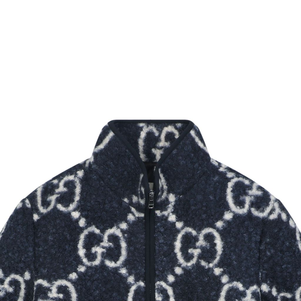 Gucci Double G monogram sherpa fleece jacket blue navy all over diamond GG jacquard plush high neck zip hidden pockets relaxed unisex outerwear sizes 48 50 52 54 56