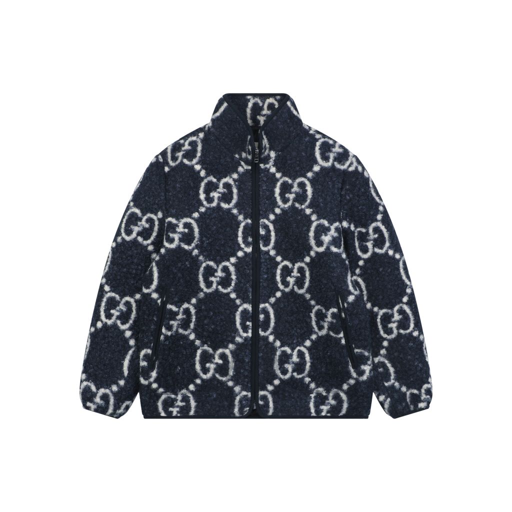 Gucci Double G monogram sherpa fleece jacket blue navy all over diamond GG jacquard plush high neck zip hidden pockets relaxed unisex outerwear sizes 48 50 52 54 56