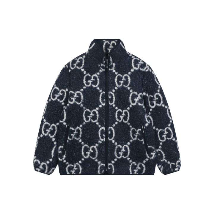 Gucci Double G monogram sherpa fleece jacket blue navy all over diamond GG jacquard plush high neck zip hidden pockets relaxed unisex outerwear sizes 48 50 52 54 56