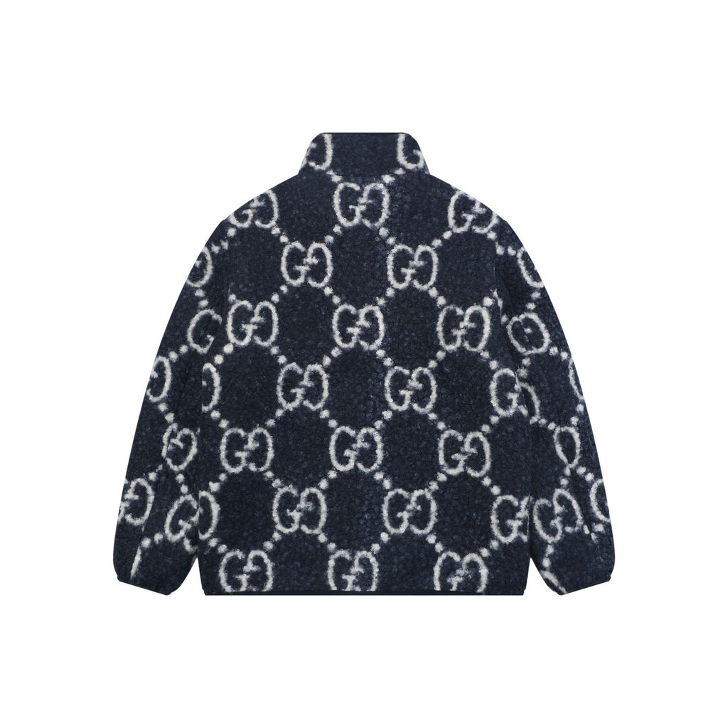 Gucci Double G monogram sherpa fleece jacket blue navy all over diamond GG jacquard plush high neck zip hidden pockets relaxed unisex outerwear sizes 48 50 52 54 56