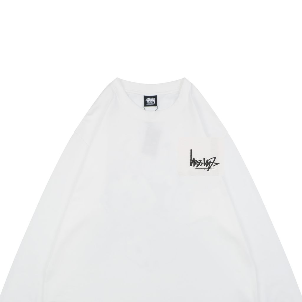 Stussy inverted graffiti letter print long sleeve T-shirt 230g combed cotton digital direct print 32 count rib crew neck relaxed fit streetwear tee sizes S-XL