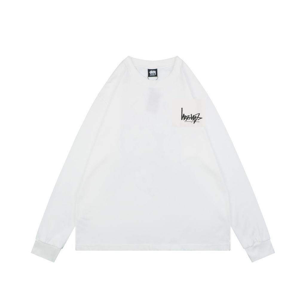 Stussy inverted graffiti letter print long sleeve T-shirt 230g combed cotton digital direct print 32 count rib crew neck relaxed fit streetwear tee sizes S-XL