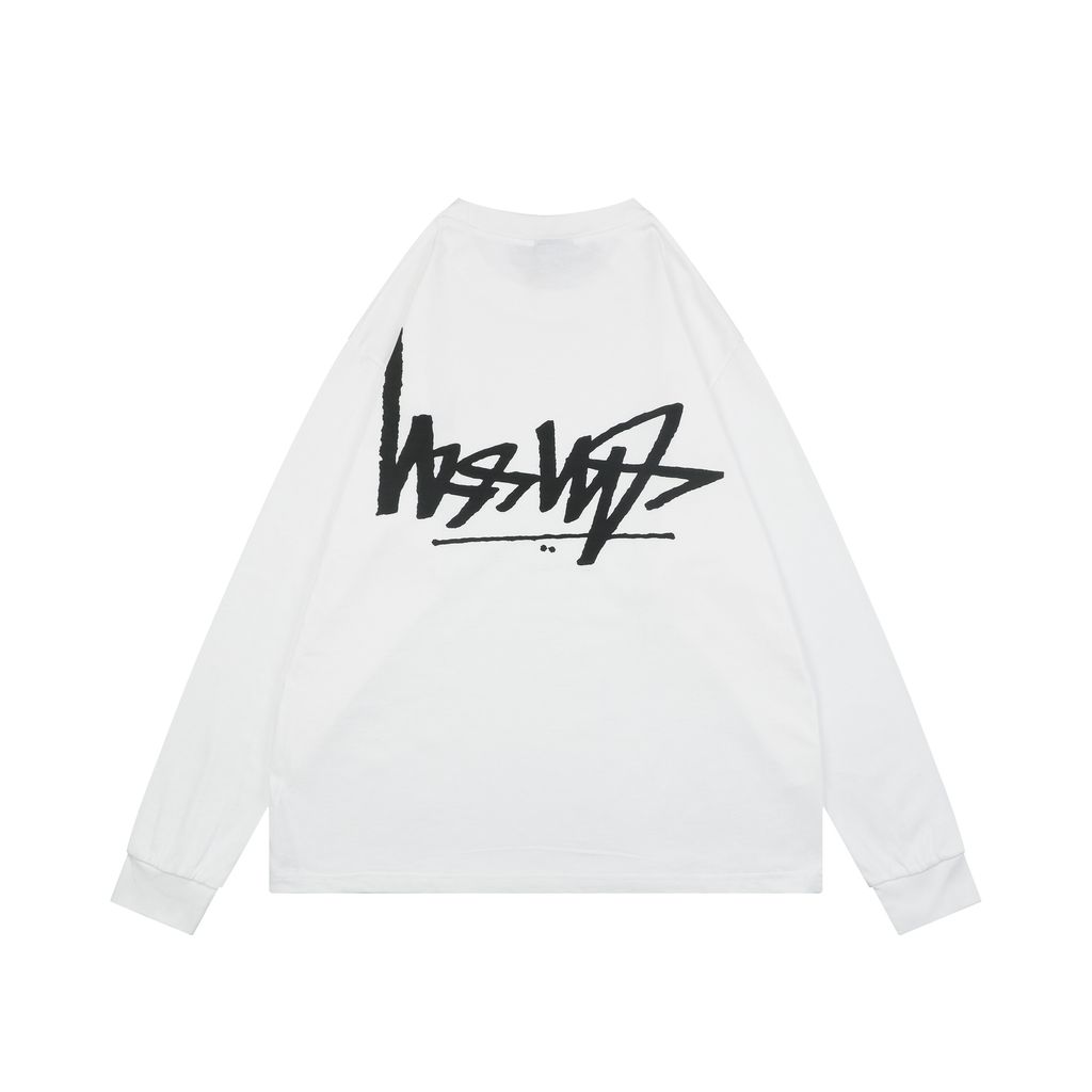 Stussy inverted graffiti letter print long sleeve T-shirt 230g combed cotton digital direct print 32 count rib crew neck relaxed fit streetwear tee sizes S-XL
