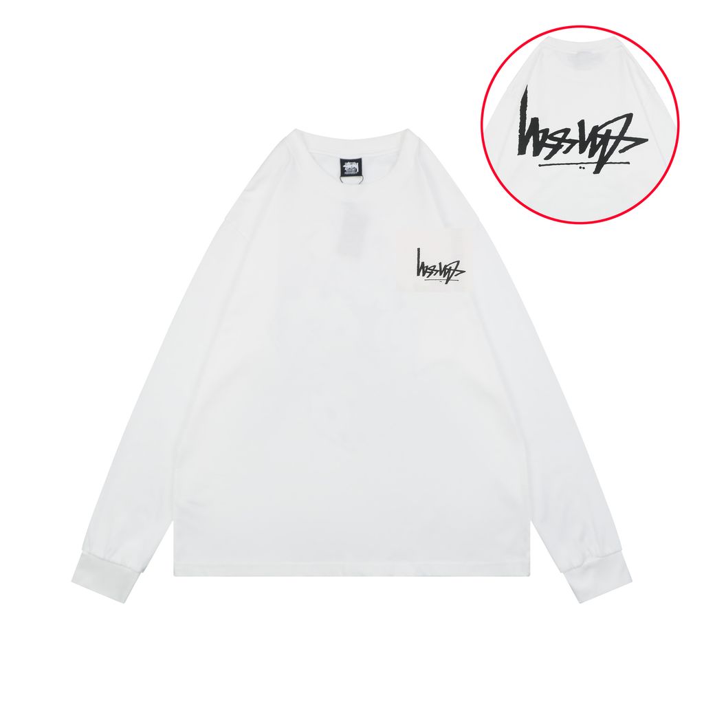 Stussy inverted graffiti letter print long sleeve T-shirt 230g combed cotton digital direct print 32 count rib crew neck relaxed fit streetwear tee sizes S-XL