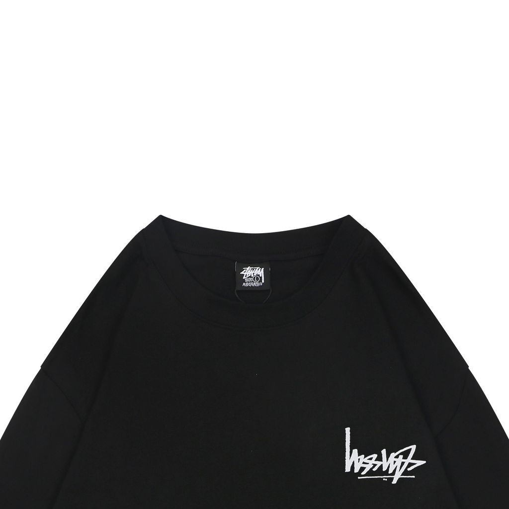 Stussy inverted graffiti letter print long sleeve T-shirt black 230g combed cotton digital direct print 32 count rib crew neck relaxed streetwear tee sizes S-XL
