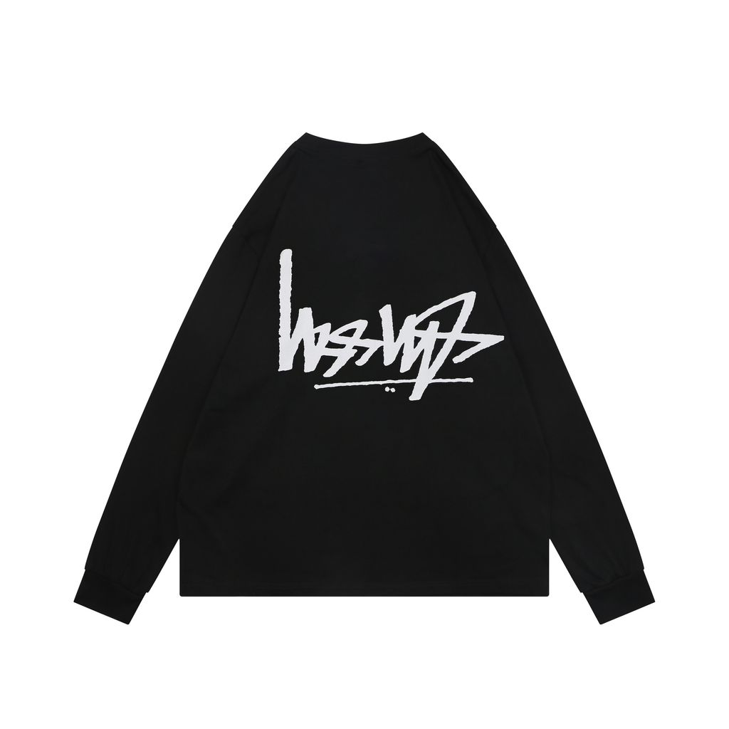 Stussy inverted graffiti letter print long sleeve T-shirt black 230g combed cotton digital direct print 32 count rib crew neck relaxed streetwear tee sizes S-XL