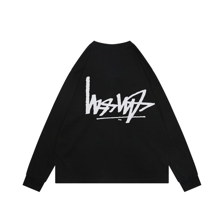 Stussy inverted graffiti letter print long sleeve T-shirt black 230g combed cotton digital direct print 32 count rib crew neck relaxed streetwear tee sizes S-XL