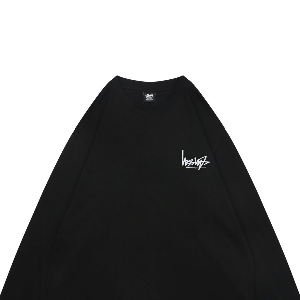 Stussy inverted graffiti letter print long sleeve T-shirt black 230g combed cotton digital direct print 32 count rib crew neck relaxed streetwear tee sizes S-XL