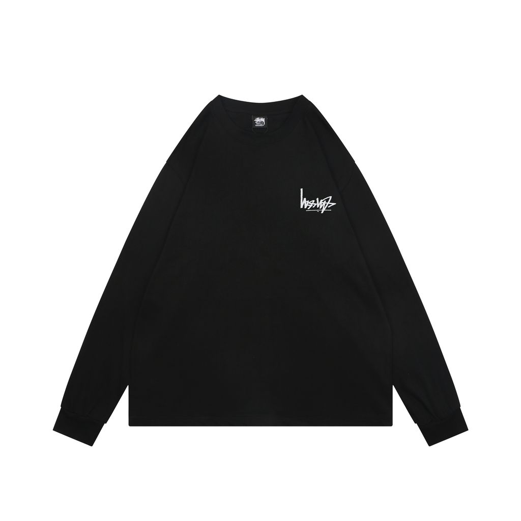 Stussy inverted graffiti letter print long sleeve T-shirt black 230g combed cotton digital direct print 32 count rib crew neck relaxed streetwear tee sizes S-XL