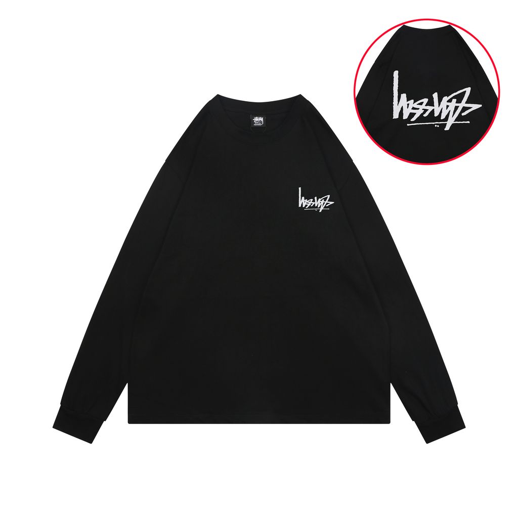 Stussy inverted graffiti letter print long sleeve T-shirt black 230g combed cotton digital direct print 32 count rib crew neck relaxed streetwear tee sizes S-XL