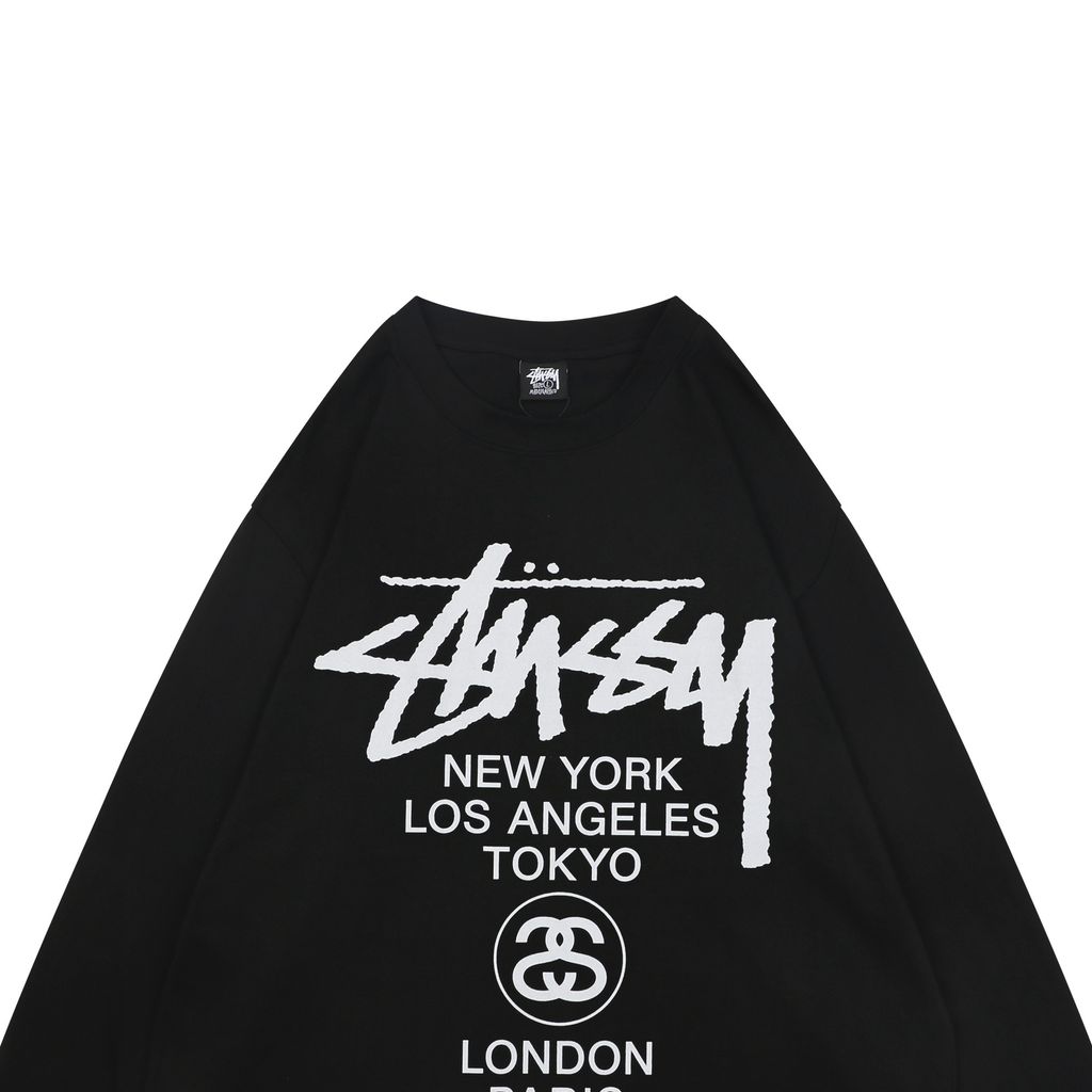 Stussy Tour graffiti letter print long sleeve T-shirt 230g combed cotton digital direct print 32 count rib crew neck relaxed streetwear tee sizes S-XL