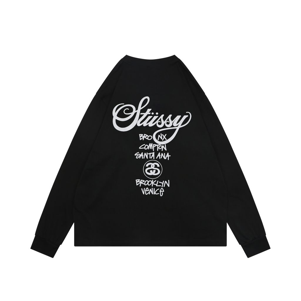 Stussy Tour graffiti letter print long sleeve T-shirt 230g combed cotton digital direct print 32 count rib crew neck relaxed streetwear tee sizes S-XL