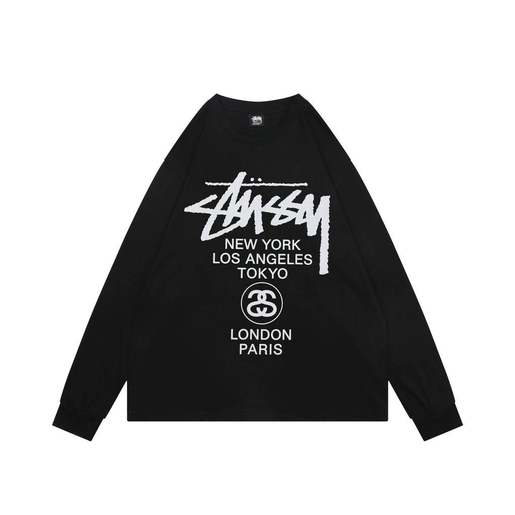 Stussy Tour graffiti letter print long sleeve T-shirt 230g combed cotton digital direct print 32 count rib crew neck relaxed streetwear tee sizes S-XL