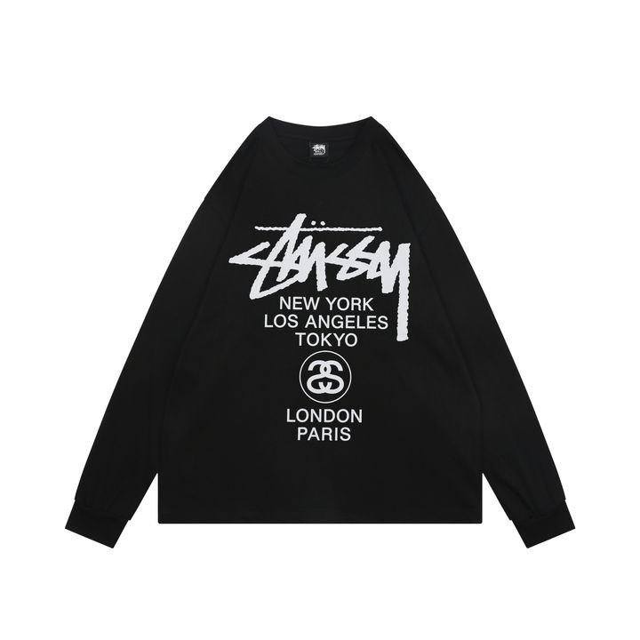 Stussy Tour graffiti letter print long sleeve T-shirt 230g combed cotton digital direct print 32 count rib crew neck relaxed streetwear tee sizes S-XL