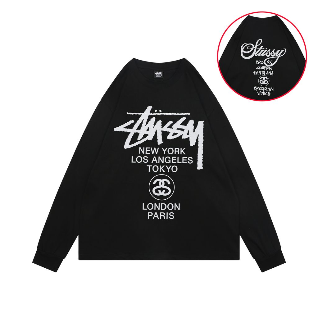 Stussy Tour graffiti letter print long sleeve T-shirt 230g combed cotton digital direct print 32 count rib crew neck relaxed streetwear tee sizes S-XL