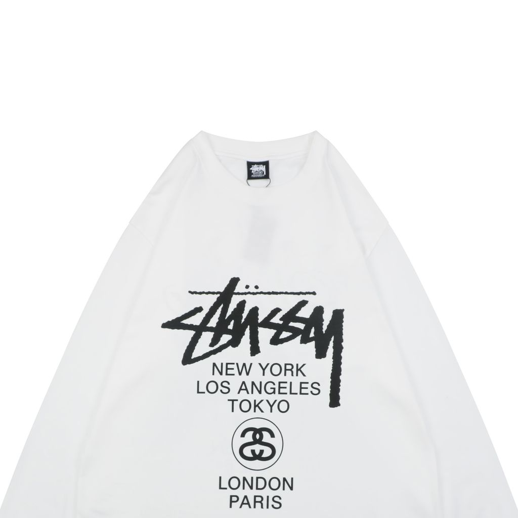 Stussy Tour graffiti letter print long sleeve T-shirt white 230g combed cotton digital direct print 32 count rib crew neck relaxed streetwear tee sizes S-XL
