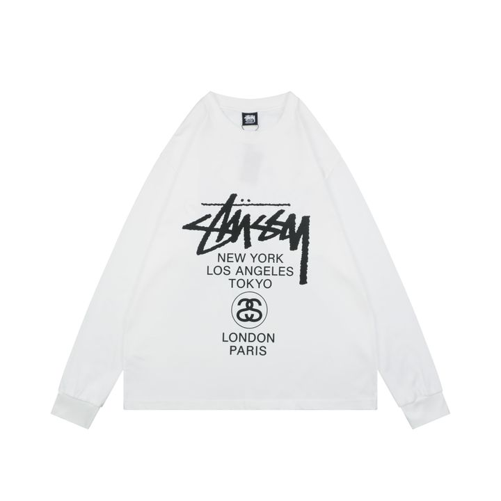 Stussy Tour graffiti letter print long sleeve T-shirt white 230g combed cotton digital direct print 32 count rib crew neck relaxed streetwear tee sizes S-XL