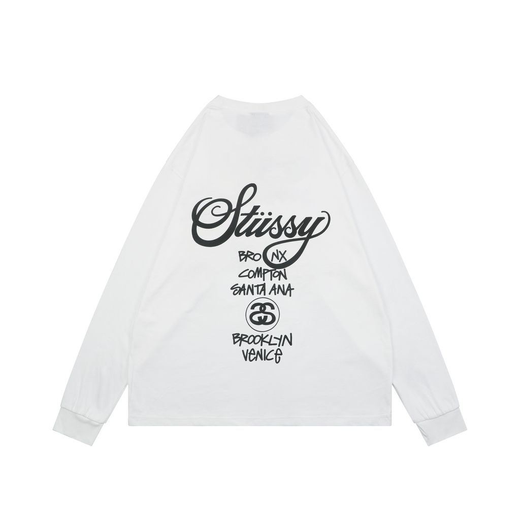 Stussy Tour graffiti letter print long sleeve T-shirt white 230g combed cotton digital direct print 32 count rib crew neck relaxed streetwear tee sizes S-XL