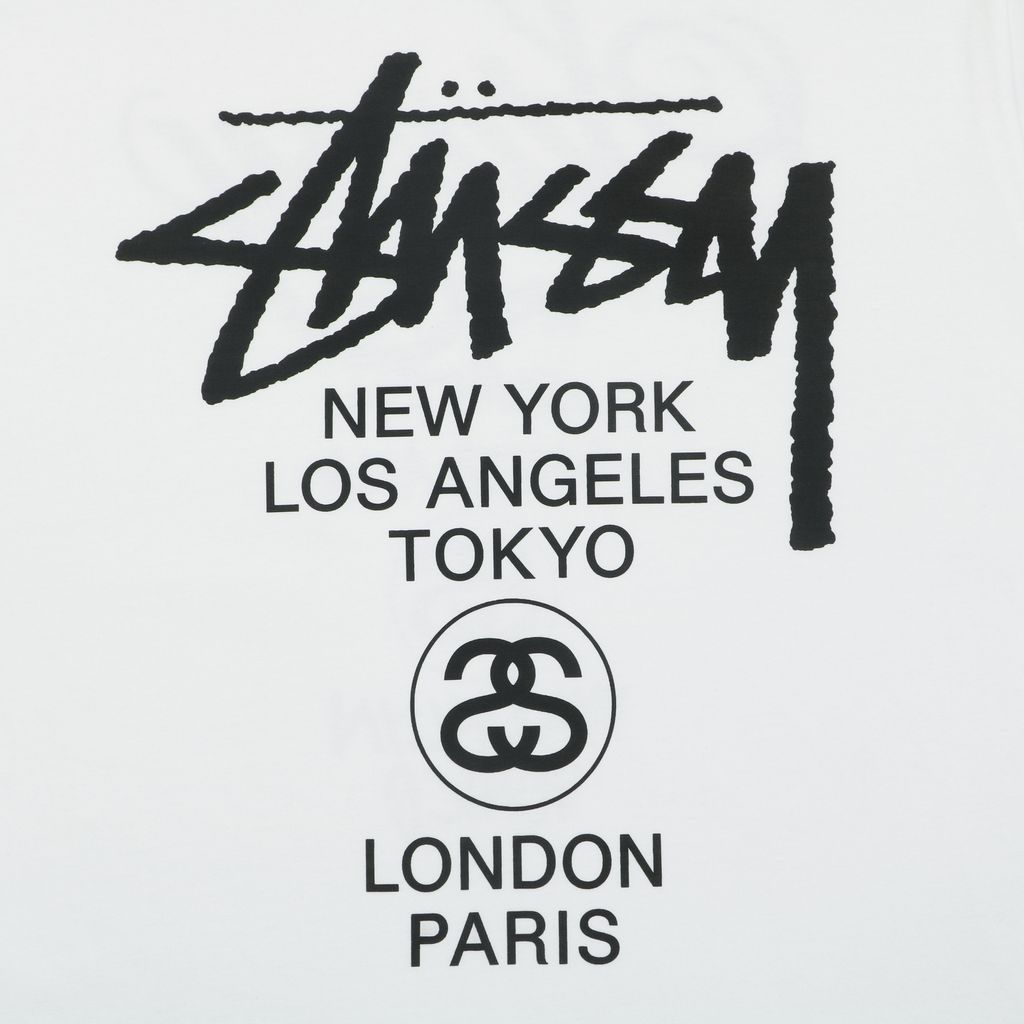 Stussy Tour graffiti letter print long sleeve T-shirt white 230g combed cotton digital direct print 32 count rib crew neck relaxed streetwear tee sizes S-XL