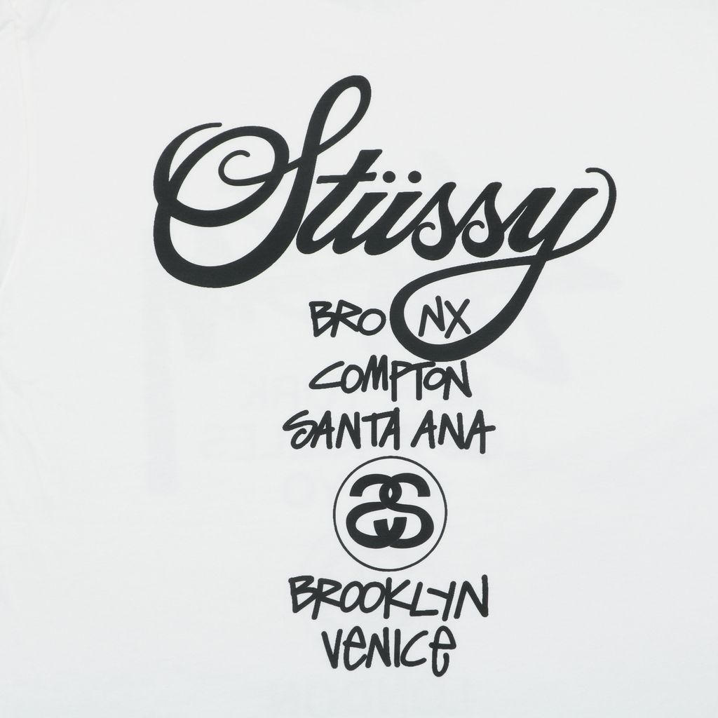 Stussy Tour graffiti letter print long sleeve T-shirt white 230g combed cotton digital direct print 32 count rib crew neck relaxed streetwear tee sizes S-XL