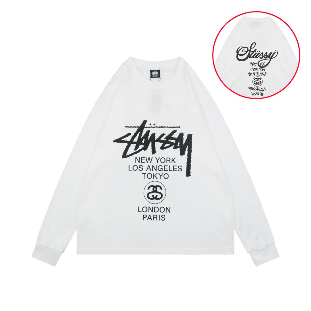 Stussy Tour graffiti letter print long sleeve T-shirt white 230g combed cotton digital direct print 32 count rib crew neck relaxed streetwear tee sizes S-XL