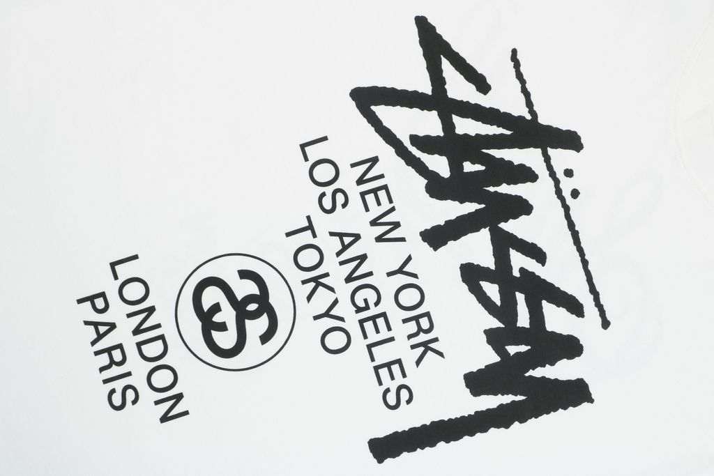 Stussy Tour graffiti letter print long sleeve T-shirt white 230g combed cotton digital direct print 32 count rib crew neck relaxed streetwear tee sizes S-XL