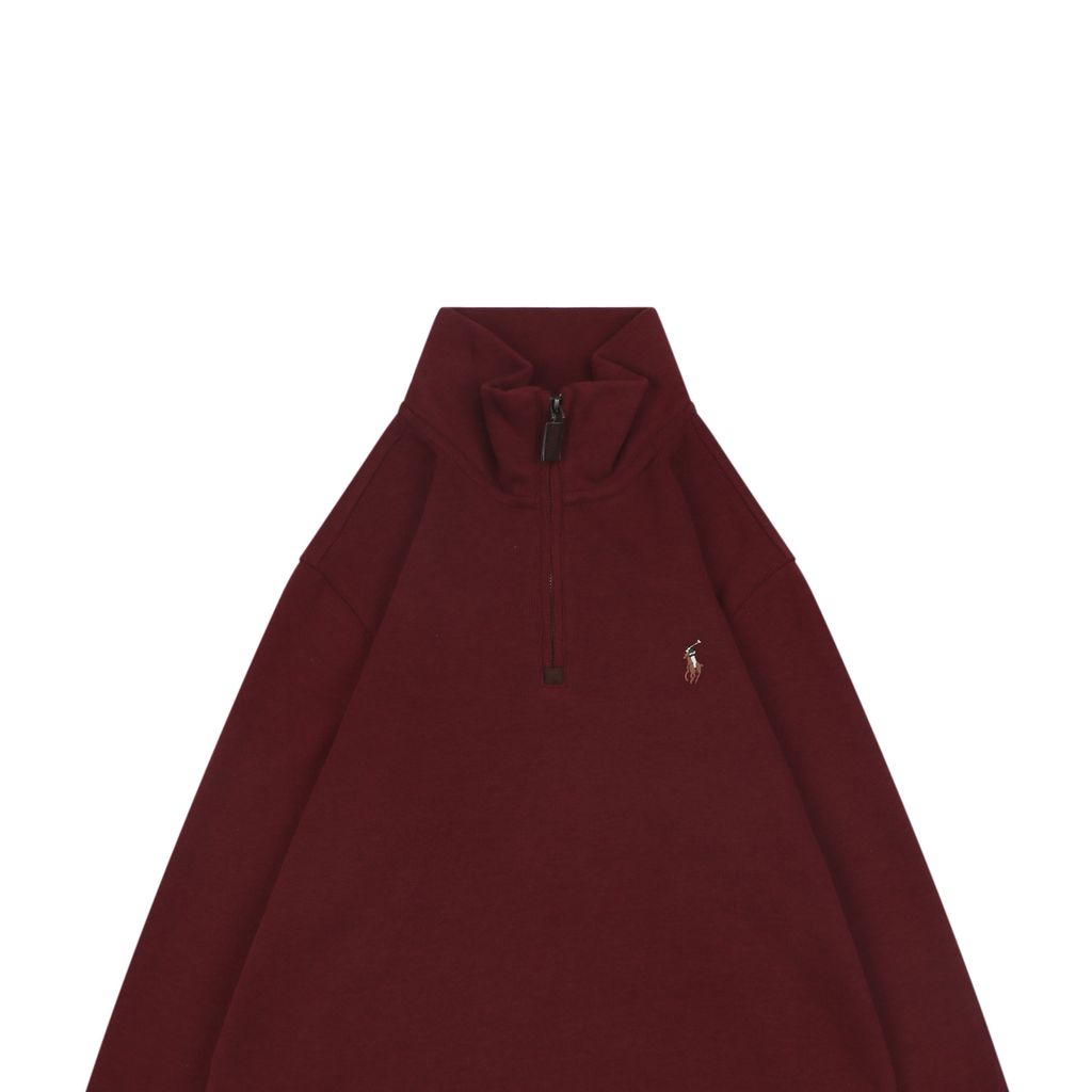 Ralph Lauren color Pony embroidered half zip sweatshirt red soft fleece feel fabric plaid twill collar trim precision embroidery pullover sizes S-XL