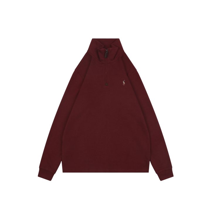 Ralph Lauren color Pony embroidered half zip sweatshirt red soft fleece feel fabric plaid twill collar trim precision embroidery pullover sizes S-XL