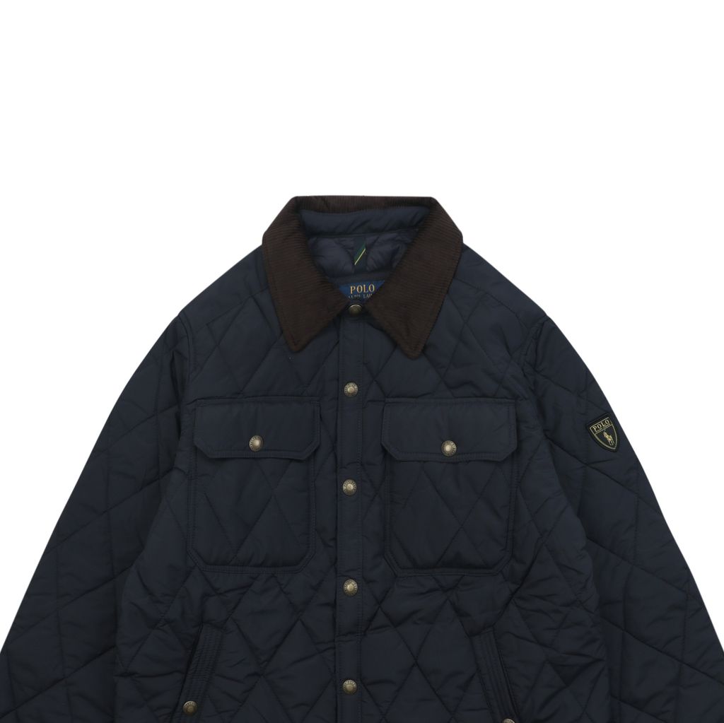 Ralph Lauren YU01 diamond quilted jacket vintage workwear padded coat corduroy collar custom metal buttons structured H line silhouette sizes S-XL
