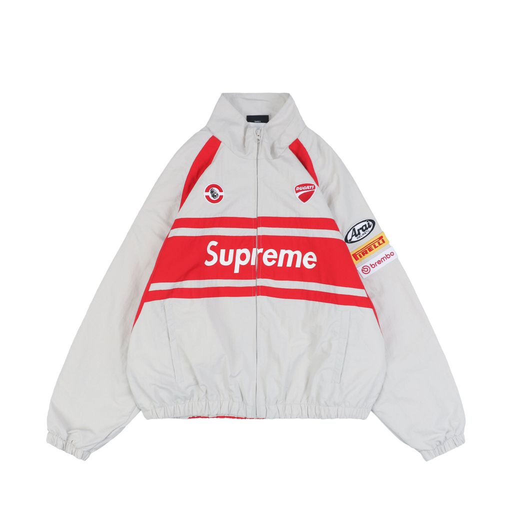 Supreme Ducati racing stand collar track jacket matte technical fabric breathable mesh lining 3D silicone logo metal plaque YKK zipper unisex sizes S-XL