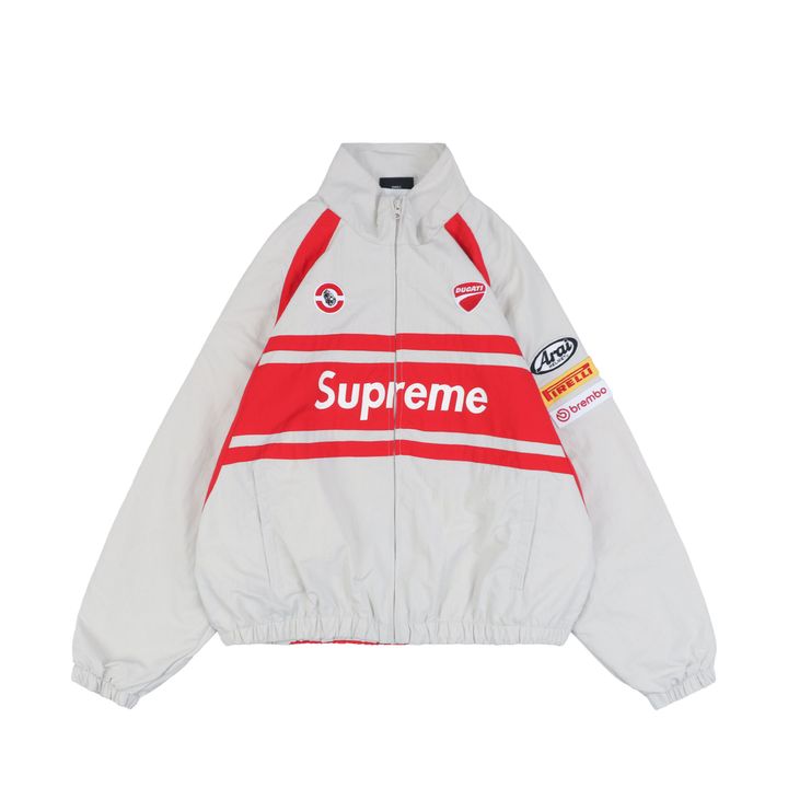 Supreme Ducati racing stand collar track jacket matte technical fabric breathable mesh lining 3D silicone logo metal plaque YKK zipper unisex sizes S-XL