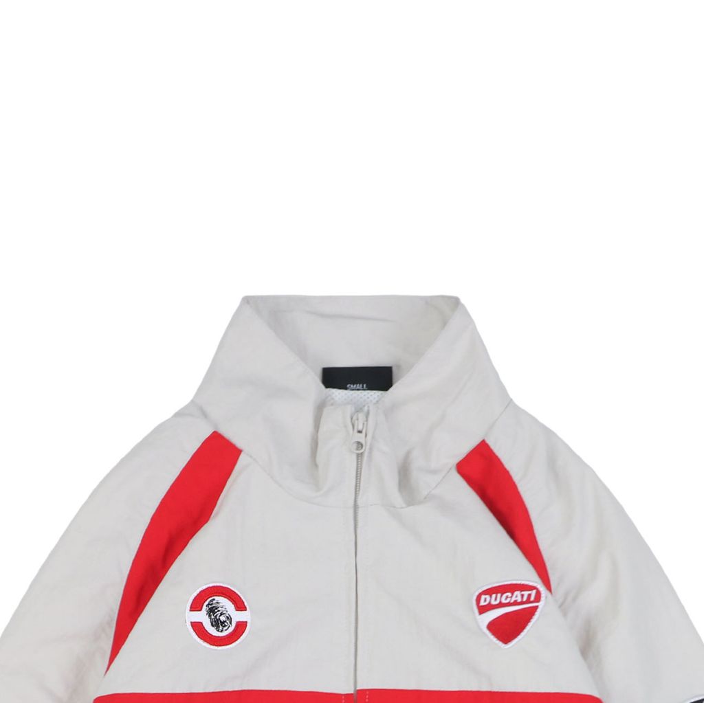 Supreme Ducati racing stand collar track jacket matte technical fabric breathable mesh lining 3D silicone logo metal plaque YKK zipper unisex sizes S-XL