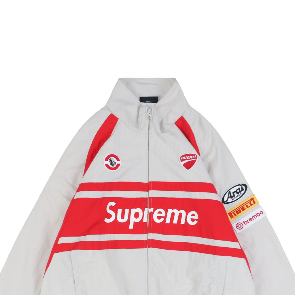 Supreme Ducati racing stand collar track jacket matte technical fabric breathable mesh lining 3D silicone logo metal plaque YKK zipper unisex sizes S-XL
