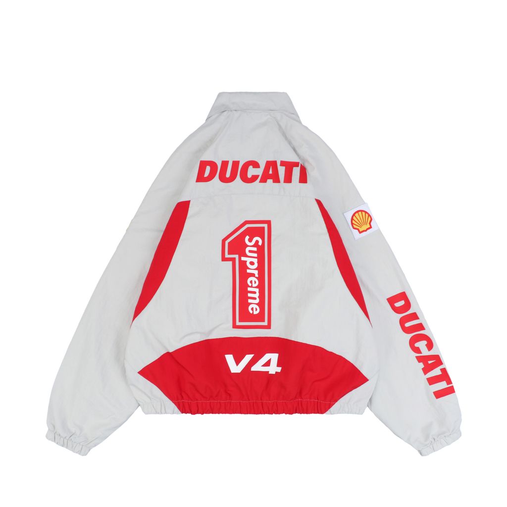 Supreme Ducati racing stand collar track jacket matte technical fabric breathable mesh lining 3D silicone logo metal plaque YKK zipper unisex sizes S-XL