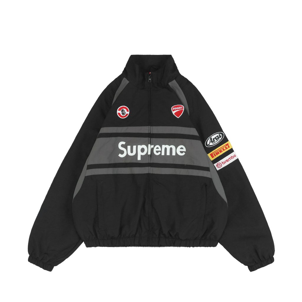 Supreme Ducati racing stand collar track jacket black matte technical fabric breathable mesh lining 3D silicone logo metal plaque YKK zipper unisex sizes S-XL