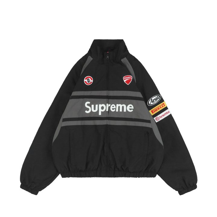 Supreme Ducati racing stand collar track jacket black matte technical fabric breathable mesh lining 3D silicone logo metal plaque YKK zipper unisex sizes S-XL