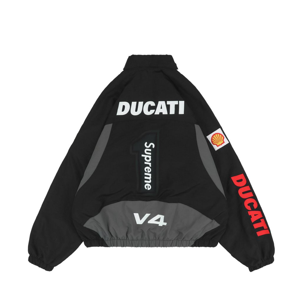 Supreme Ducati racing stand collar track jacket black matte technical fabric breathable mesh lining 3D silicone logo metal plaque YKK zipper unisex sizes S-XL
