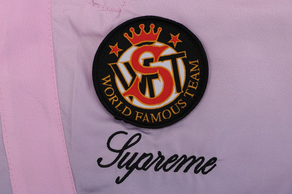 Supreme gradient track pants pink custom technical gradient fabric breathable mesh lining micro wrinkle texture multi panel unisex sports pants sizes S-XL
