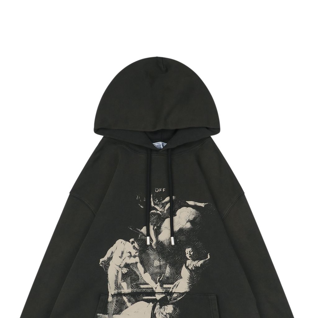 Off-White Saint Matthew Martyrdom print hoodie 400g 100 percent cotton French terry Mimaki graphic print washed pullover hoodie woven neck label sizes XS-L