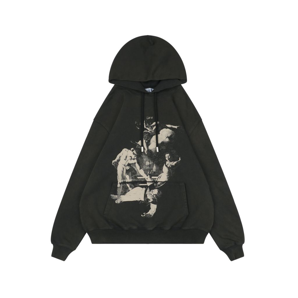 Off-White Saint Matthew Martyrdom print hoodie 400g 100 percent cotton French terry Mimaki graphic print washed pullover hoodie woven neck label sizes XS-L