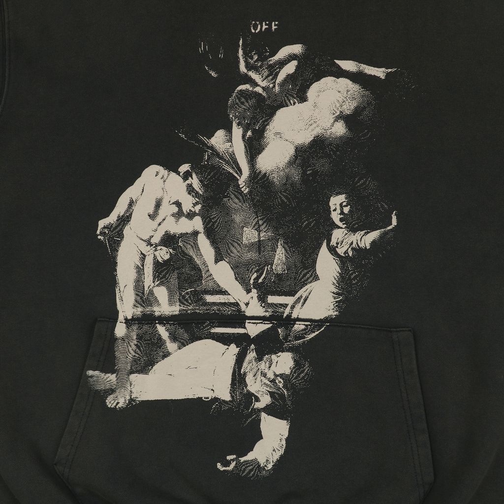 Off-White Saint Matthew Martyrdom print hoodie 400g 100 percent cotton French terry Mimaki graphic print washed pullover hoodie woven neck label sizes XS-L