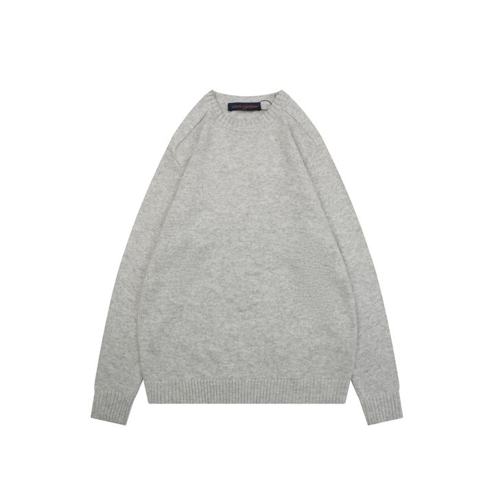 Louis Vuitton Monogram leather patch crew neck sweater 100 percent cotton knit embossed cowhide rear neck patch garment washed pullover sizes S-XL