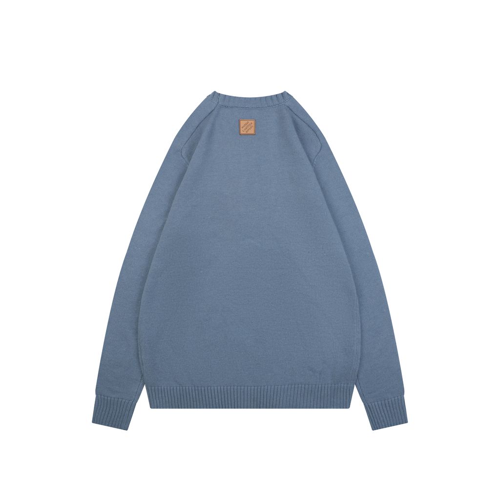 Louis Vuitton Monogram leather patch crew neck sweater blue 100 percent cotton knit embossed cowhide rear neck patch garment washed pullover sizes S-XL