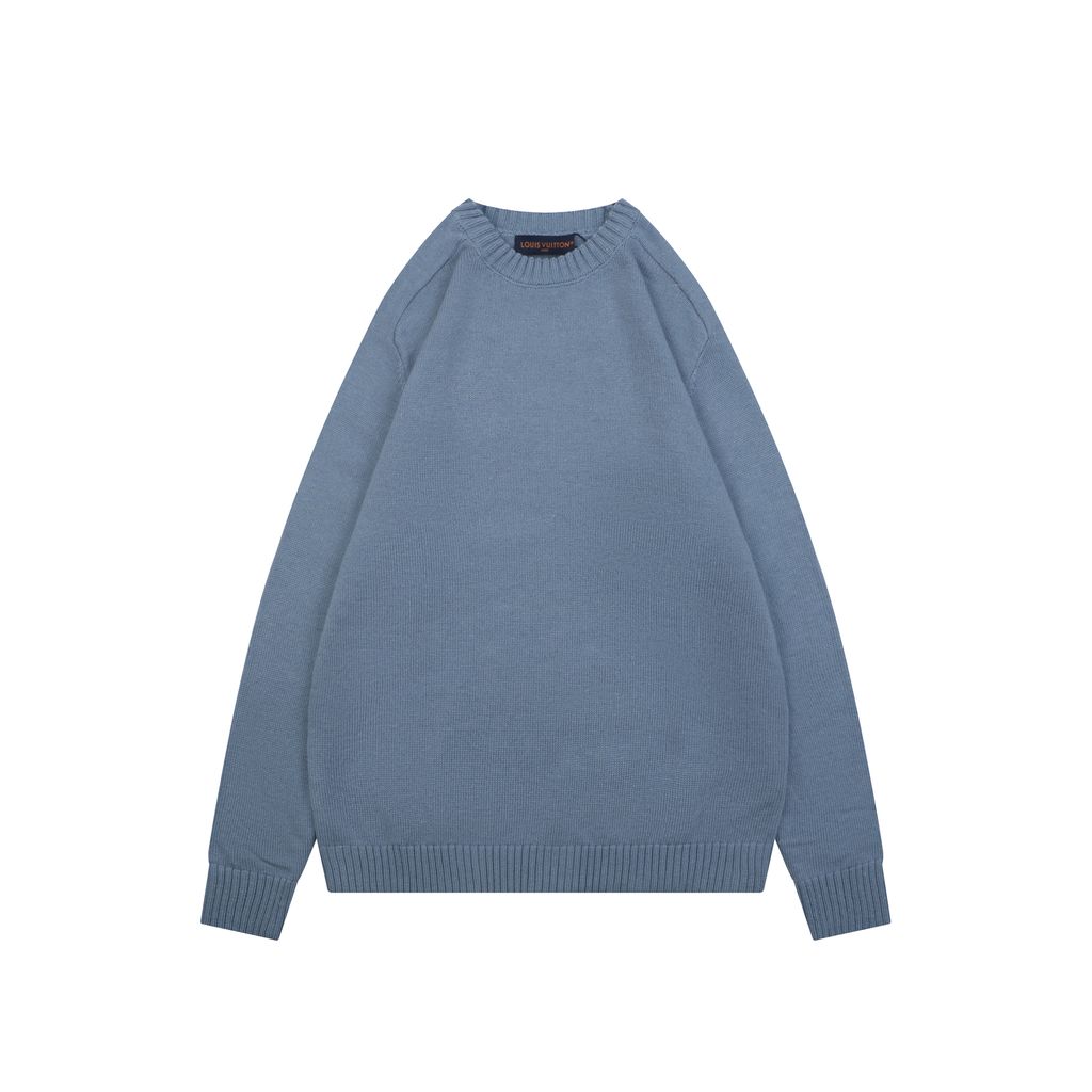 Louis Vuitton Monogram leather patch crew neck sweater blue 100 percent cotton knit embossed cowhide rear neck patch garment washed pullover sizes S-XL
