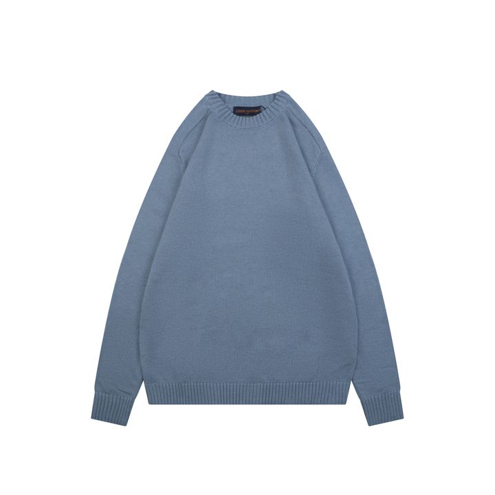 Louis Vuitton Monogram leather patch crew neck sweater blue 100 percent cotton knit embossed cowhide rear neck patch garment washed pullover sizes S-XL